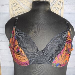 Vtg 80's Oscar De La Renta Multicolor Abstract Print Black Lace Bra